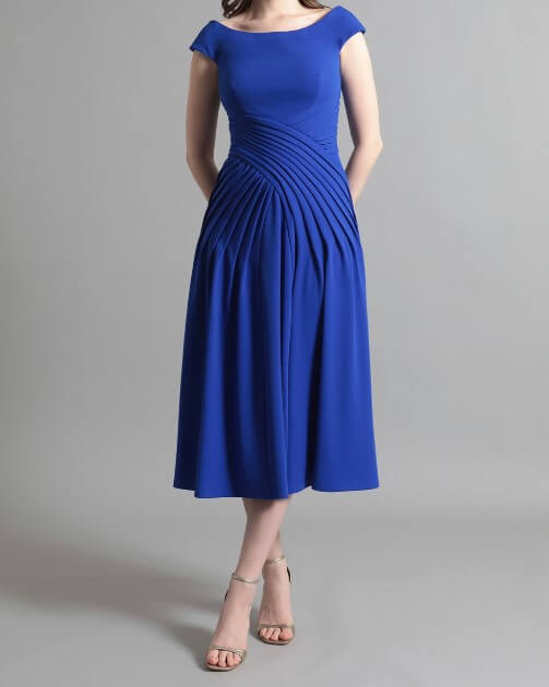 TADASHI SHOJI ブルー フレンチスリーブ プリーツワークドレス 画像
